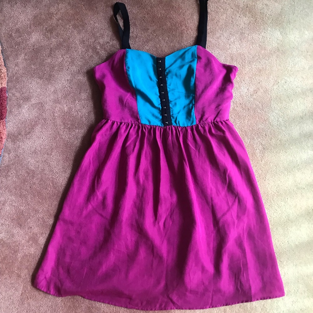 Magenta and teal color block dress with pockets
